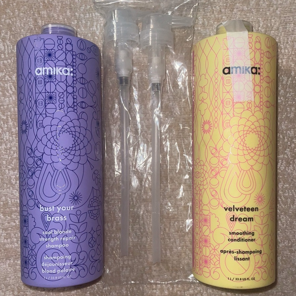 Amika bust your brass Shampoo & Velveteen dream conditioner duo/set-LITERS! NEW.